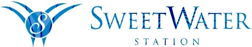 A blue and white logo for sweetbay studios.