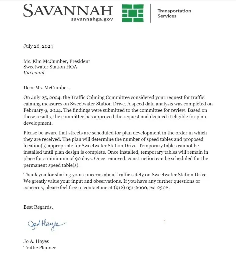 A letter from the city of savannah to dr. Kim mccandless