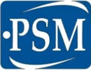 A blue and white logo of psm